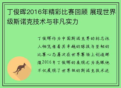 丁俊晖2016年精彩比赛回顾 展现世界级斯诺克技术与非凡实力