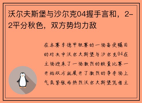 沃尔夫斯堡与沙尔克04握手言和，2-2平分秋色，双方势均力敌