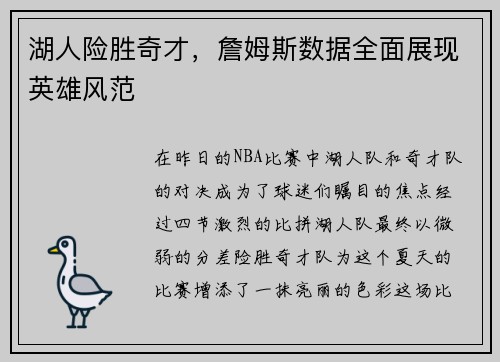 湖人险胜奇才，詹姆斯数据全面展现英雄风范